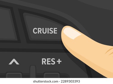 Safe car driving. Finger pressing cruise control button. Close-up view. Flat vector illustration template.