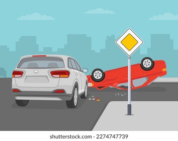 Safe car driving. Car flips onto roof after colliding with vehicle on intersection. Upside down car crash on road. Flat vector illustration template.