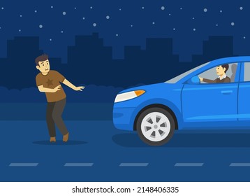 Safe car driving and pedestrian safety rules. Young male pedestrian is about to be hit by suv car at night. Invisible pedestrian after dark. Flat vector illustration template.