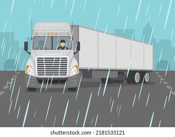 Safe car driving at rainy day. Front view of a truck skidding across the wet road. Slippery, wet roadway scene. Flat vector illustration template.