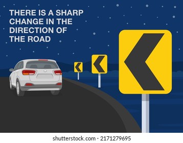 Safe car driving rules and tips. There is a sharp change in the direction of the road. Sharp curve or turn sign meaning. Back view of suv car at night city road. Flat vector illustration template.