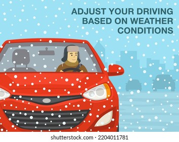 Safe Car Driving Rules And Tips. Winter Season Driving. Adjust Your Driving Based On Weather Conditions. Close-up View. Flat Vector Illustration Template.