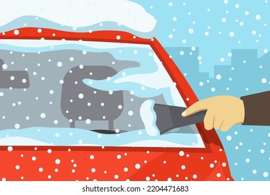 Sicheres Fahren von Fahrzeugen Regeln und Tipps. Wintersaison Fahren. Nahaufnahme einer Hand, die die Windschutzscheibe eines Fahrzeugs vor Eis und Schnee reinigt. Flache Vektorgrafik-Vorlage.