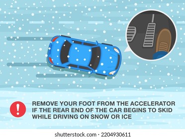 Safe Car Driving Rules And Tips. Winter Season Driving. Remove Foot From The Accelerator If The Rear End Of The Car Begins To Skid While Driving On Snow. Top View. Flat Vector Illustration Template.