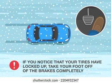 Safe car driving rules and tips. Winter season driving. If your tires have locked up, take your foot off of the brakes completely. Top view of skidded sedan car. Flat vector illustration template.