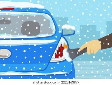 Sicheres Fahren von Fahrzeugen Regeln und Tipps. Wintersaison Fahren. Nahaufnahme einer Hand, die die Bremslichter eines Fahrzeugs vor Eis und Schnee reinigt. Flache Vektorgrafik-Vorlage.