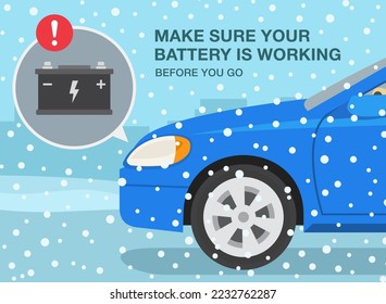 Sicheres Fahren von Fahrzeugen Regeln und Tipps. Wintersaison Fahren. Stellen Sie sicher, dass Ihr Akku funktioniert, bevor Sie gehen. Nahaufnahme des Limousinen auf schneebedeckter Straße. Flache Vektorgrafik-Vorlage.