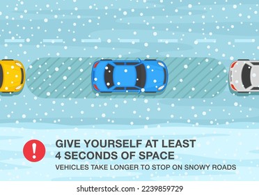 Safe car driving rules and tips. Winter season driving. Give yourself at least 4 seconds of space, vehicles take longer to stop on snowy road. Top view. Flat vector illustration template.