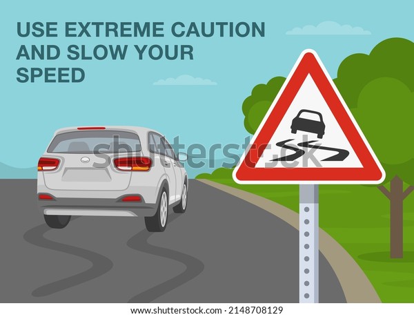Safe car driving rules and tips. Use extreme\
caution and slow your speed on slippery road. Close-up view of a\
warning road sign. Skidded white suv car on the road. Flat vector\
illustration template.