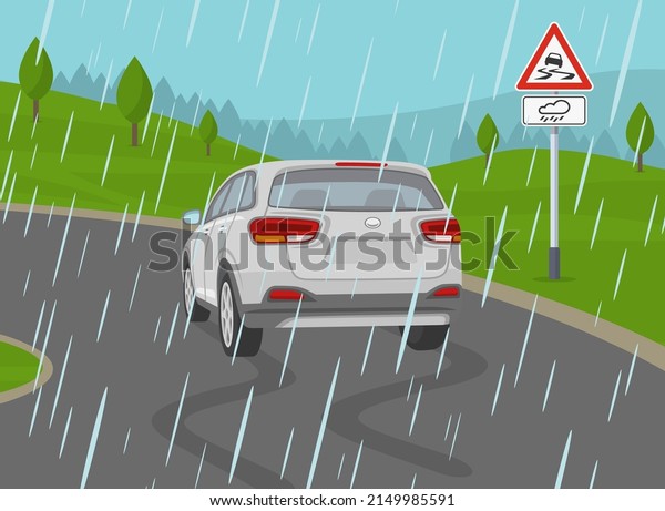 Safe car driving rules and tips. Driving on a\
rainy and slippery road. Skidded white suv car on the wet road.\
Flat vector illustration\
template.