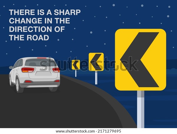 Safe car driving rules and tips. There is a\
sharp change in the direction of the road. Sharp curve or turn sign\
meaning. Back view of suv car at night city road. Flat vector\
illustration template.