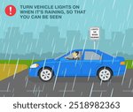 Safe car driving tips and rules. Driving on a rainy and slippery road. Side view of a car with turned on lights. Flat vector illustration template.