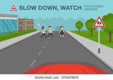 Safe car driving tips and rules. Children crossing ahead warning road sign. School children crossing the road. Flat vector illustration template.