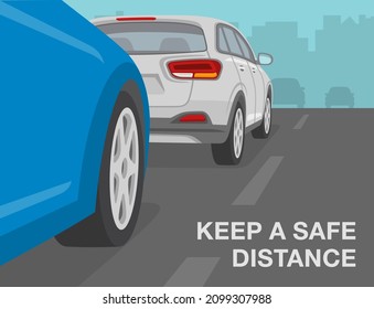 Consejos de conducción de coches de seguridad. Mantenga una distancia segura en el diseño de advertencia de carreteras. Plantilla de ilustración vectorial plana.