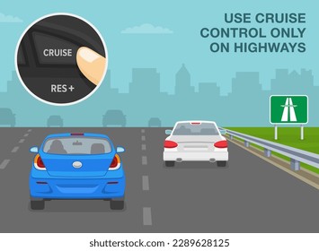 Sichere Fahrtipps und -regeln für Autos. Benutzen Sie die Kreuzfahrtkontrolle nur auf Autobahnen. Nahaufnahme eines Fingerdruckknopfes. Rückansicht eines Verkehrsflusses auf der Autobahn. Flache Vektorgrafik-Vorlage.