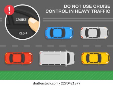 Sichere Fahrtipps und -regeln für Autos. Benutzen Sie keine Kreuzfahrtkontrolle im schweren Verkehr. Nahaufnahme eines Fingerdruckknopfes mit einem Kreuzfahrtschalter. Draufsicht auf einen Stau. Flache Vektorgrafik-Vorlage.