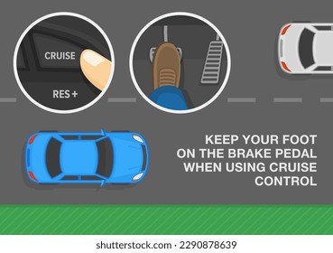 Safe car driving tips and rules. Keep your foot on the brake pedal when using cruise control. Close-up of a finger pressing cruise control button. Flat vector illustration template.