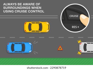 Safe car driving tips and rules. Always be aware of surroundings when using cruise control. Close-up of a finger pressing button. Top view of a traffic flow. Flat vector illustration template.