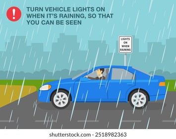 Tipps und Regeln für sicheres Autofahren. Auf einer regnerischen und glatten Straße. Seitenansicht eines Autos mit eingeschaltetem Licht. Flache Vektorgrafik-Vorlage.