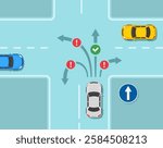 Safe car driving tips and traffic regulation rules. "Go straight" sign rule. Top view of a crossroad. Flat vector illustration template.