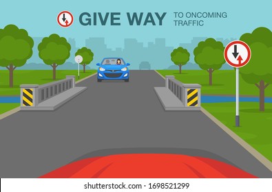 Safe car driving tips and traffic regulation rules. Give way to oncoming vehicles sign meaning. Flat vector illustration template.