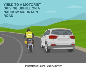 Consejos de conducción segura y normas de regulación del tráfico. Rentabilidad hacia un motorista conduciendo cuesta arriba en un estrecho camino de montaña. Vista posterior de un motociclista en una curva de carretera. Plantilla de ilustración vectorial plana.