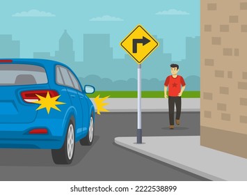 Safe car driving tips and traffic regulation rules. Blue suv turns on sharp turn. Young male character crossing the street. Flat vector illustration template.