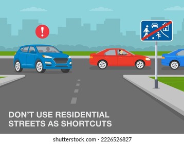 Consejos de conducción segura y normas de regulación del tráfico. Suv gira a la derecha en la carretera para escapar del atasco. No use las calles residenciales como atajos. Plantilla de ilustración vectorial plana.