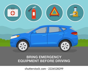 Safe car driving tips and traffic regulation rules. Checklist for drivers. Bring emergency equipment before driving. Flat vector illustration template.