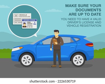Consejos de conducción segura y normas de regulación del tráfico. Joven chofer revisando los documentos. Asegúrese de que sus documentos están actualizados. Plantilla de ilustración vectorial plana.
