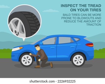 Safe car driving tips and traffic regulation rules. Male driver checking the tires. Inspect the tread on tires, bald tires can be prone to blowouts and reduce the traction. Flat vector illustration.