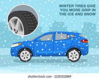 Consejos de conducción segura y normas de regulación del tráfico. Conducción en temporada de invierno. Los neumáticos de invierno te dan más agarre en el hielo y la nieve. Cierre del neumático de invierno. Plantilla de ilustración vectorial plana.