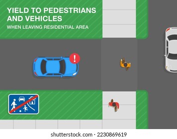 Consejos de conducción segura y normas de regulación del tráfico. El auto azul sedán para delante del personaje. Den paso a peatones y vehículos cuando salgan del área residencial. Plantilla de ilustración vectorial plana.
