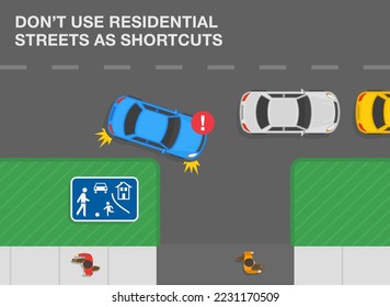 Consejos de conducción segura y normas de regulación del tráfico. Vista superior de un sedán azul gira a la derecha en la carretera para escapar de los embotellamientos. No use las calles residenciales como atajos. Plantilla de ilustración vectorial plana.