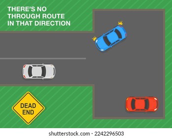 Safe car driving tips and traffic regulation rules. Top view of a city road. Dead end sign meaning. There's no through route in that direction. Flat vector illustration template. svg