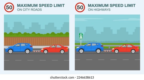 Safe car driving tips and traffic regulation rules. Maximum speed on city roads and highways. Side view of a car towing broken car on hitch. Flat vector illustration template.