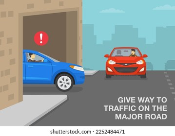 Sichere Fahrtipps und Vorschriften für die Verkehrsregulierung. Weg zum Verkehr auf der Hauptstraße. Ruckloser Fahrer durch den Baubogen und kurz davor, ein anderes Fahrzeug zu treffen. Flache Vektorgrafik.
