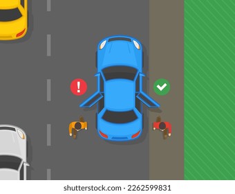 Safe car driving tips and traffic regulation rules. Correct and incorrect passenger drop off. Characters exits car from the driver and passenger side. Top view. Flat vector illustration template.
