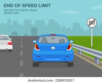 Safe car driving tips and traffic regulation rules. End of speed limit sign meaning. Return to a basic speed limit. Back view of a car on motorway. Flat vector illustration template.