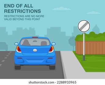Consejos de conducción segura y normas de regulación del tráfico. Fin de todas las restricciones firman significado. Vista trasera de un coche en la carretera de la ciudad. Plantilla de ilustración vectorial plana.