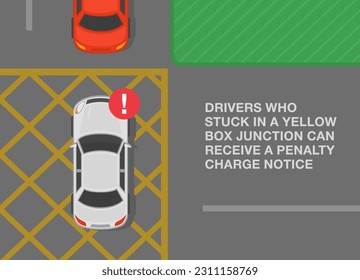 Sichere Fahrtipps und Vorschriften für die Verkehrsregulierung. Gelbe Kastenübergangsregel. Draufsicht auf ein Auto steckte in einer gelben Schachtel. Flache Vektorgrafik-Vorlage.