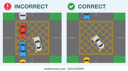 Safe car driving tips and traffic regulation rules. Yellow box junction rule. Top view of a correct and incorrect turn. Flat vector illustration template.