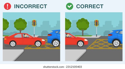 Safe car driving tips and traffic regulation rules. Yellow box junction rule. Side view of a correct and incorrect movement. Flat vector illustration template.
