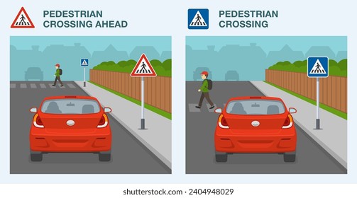 Safe car driving tips and traffic regulation rules. Pedestrian crossing ahead and pedestrian crossing road sign. Back view of a car on city roads. Flat vector illustration template.