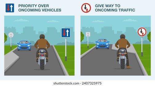 Consejos de conducción segura y normas de regulación del tráfico. Prioridad sobre los próximos vehículos y dar paso a la próxima señal de tráfico. Vista posterior de un motociclista. Plantilla de ilustración vectorial plana.