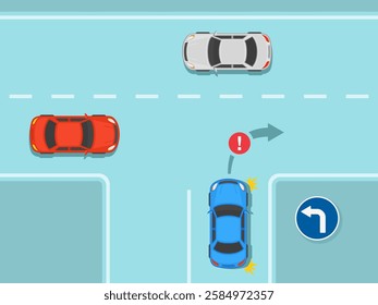 Safe car driving tips and traffic regulation rules. "Turn left only" sign rule. Top view of a t-intersection. Flat vector illustration template.