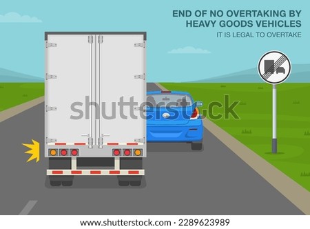 Safe car driving tips and traffic regulation rules. End of no overtaking by heavy goods vehicles sign meaning. Back view of a truck passing car on road. Flat vector illustration template.