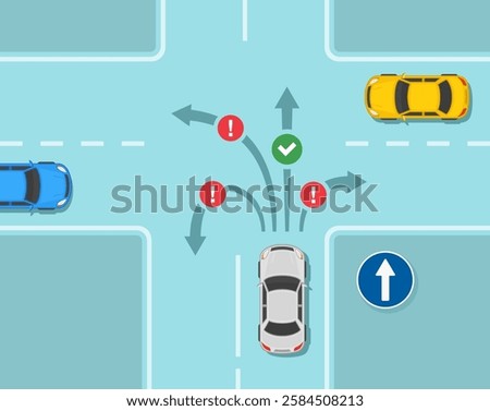 Safe car driving tips and traffic regulation rules. "Go straight" sign rule. Top view of a crossroad. Flat vector illustration template.