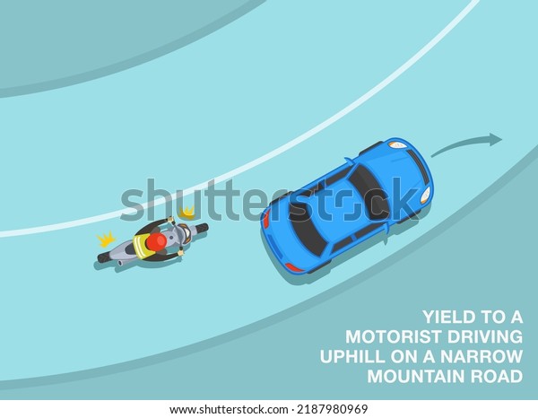 Safe car\
driving tips and traffic regulation rules. Yield to a motorist\
driving uphill on a narrow mountain road. Top view of a biker on a\
road curve. Flat vector illustration\
template.
