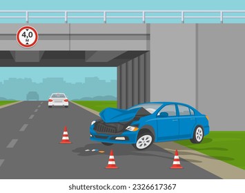 Safe car driving. Traffic accident on motorway. Car collision with overpass wall. Flat vector illustration template.